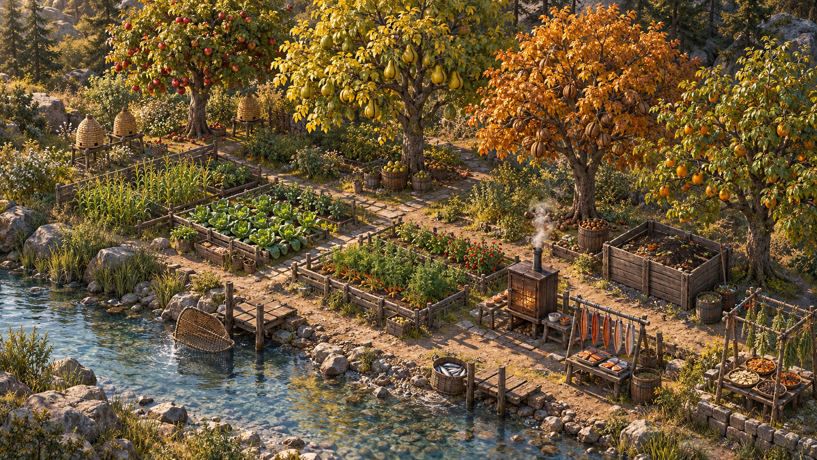 Concept illustration of an orchard, hives, fishing basket, food racks and compost bin.