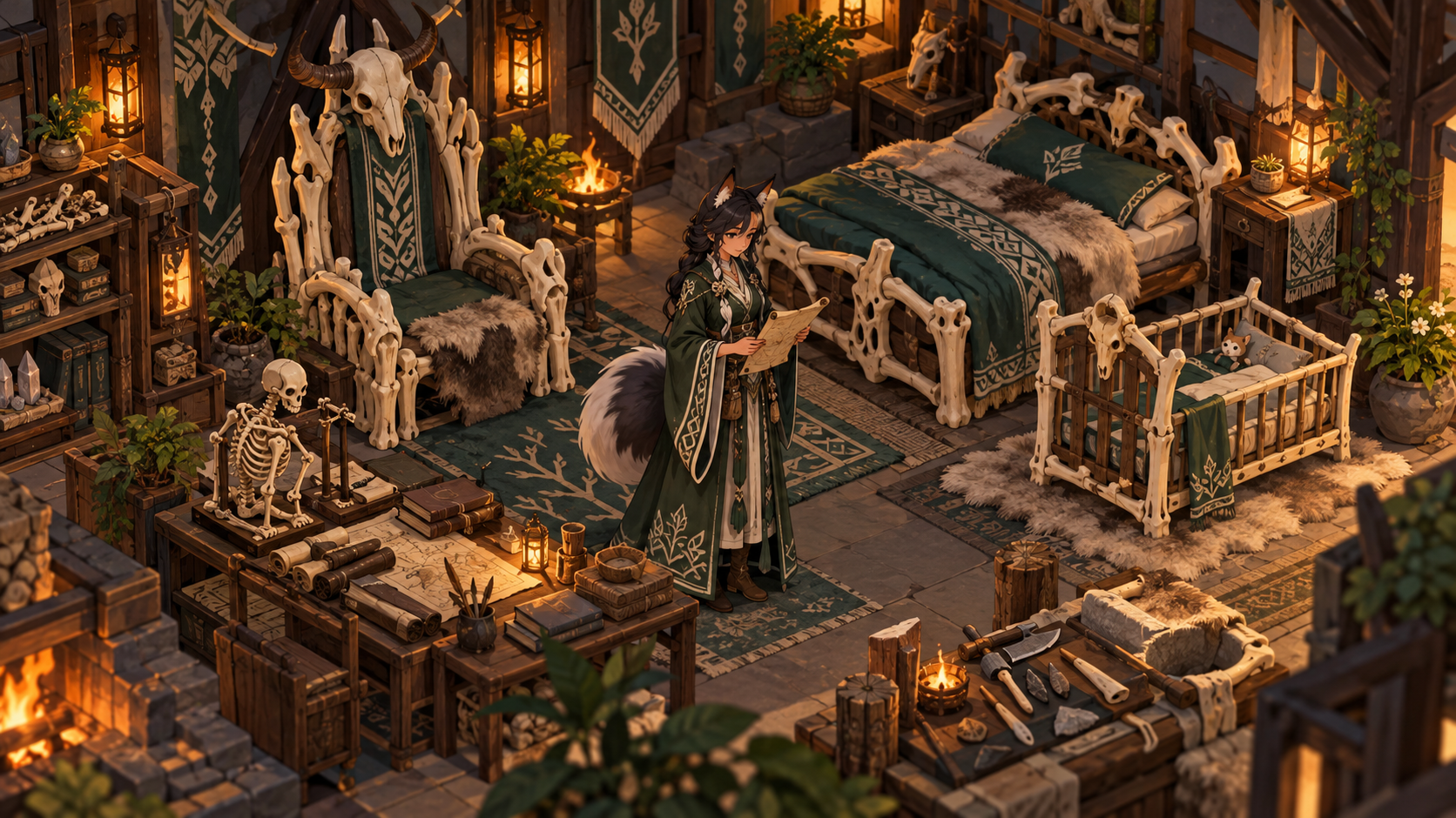 Concept illustration of a fox-eared envoy beside bone furniture and cloth bedding.