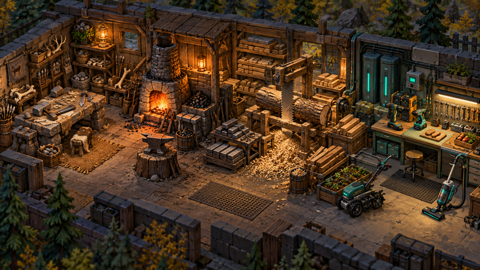 Concept illustration of primitive crafting, ironworking, lumber milling and an electric workshop.